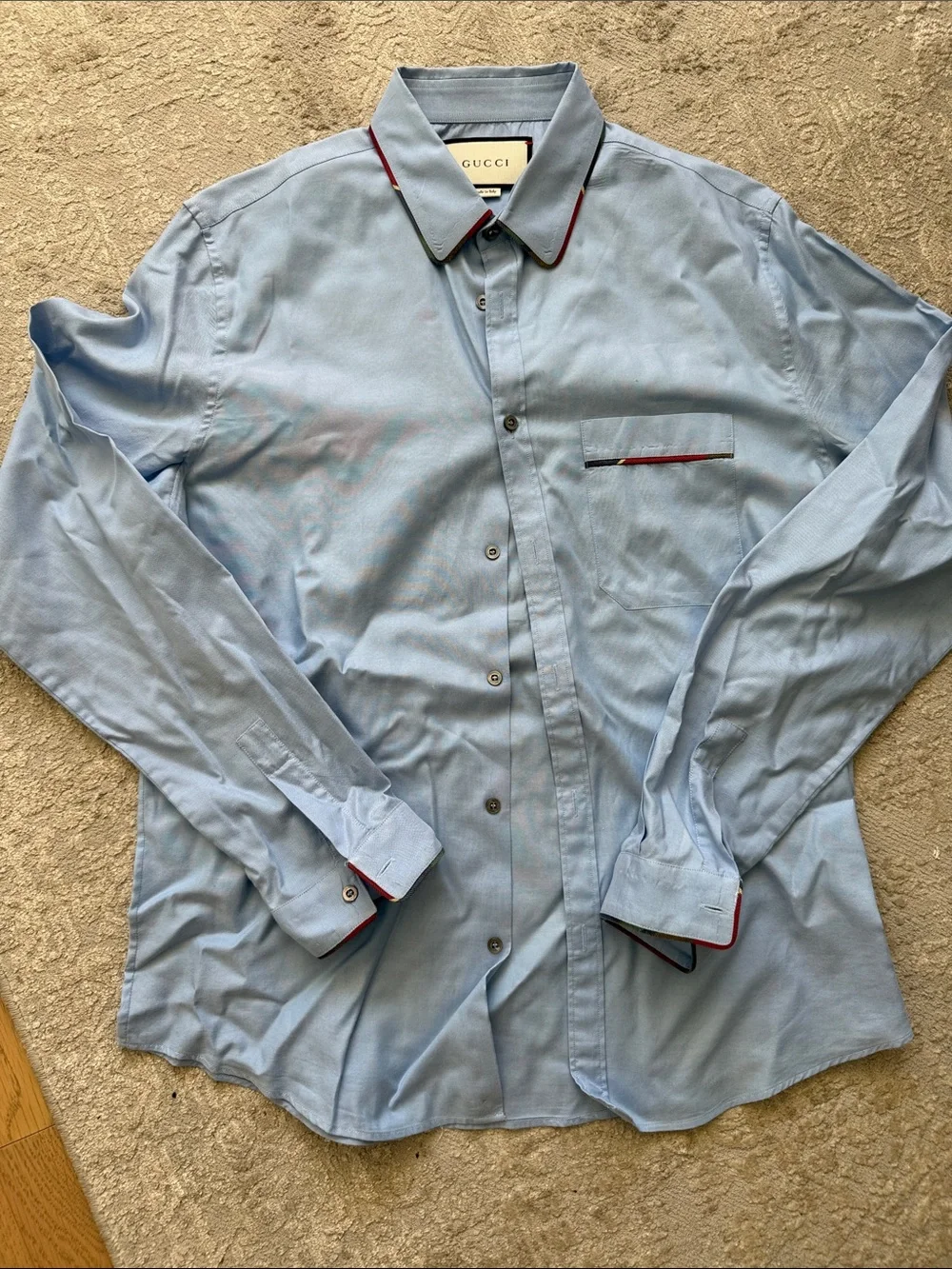 Gucci Light Blue Button-Down Shirt with Red Trim